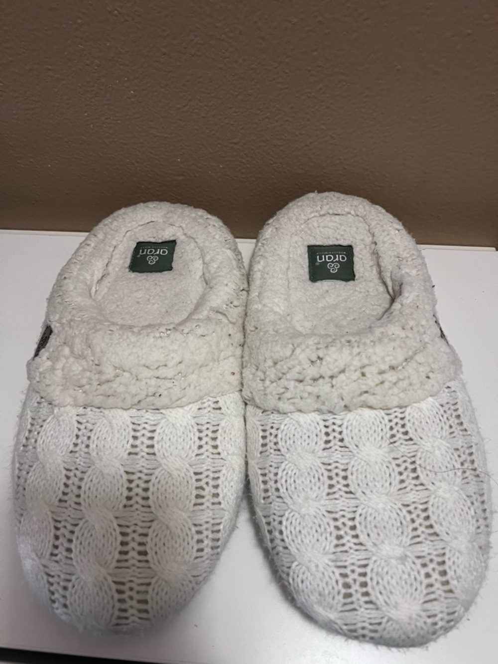 Aran Cream/White Cable Knit Sherpa Slip-On Slippers Size M 7-8